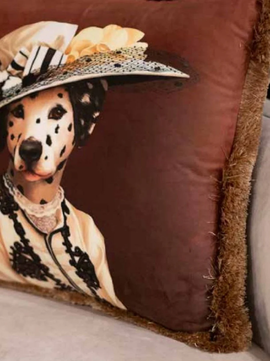 Luxury decorative cushion Dalmatian Lady multicolored / brown 45 x 45 cm - printed velvet cushion with fringes - luxury quality