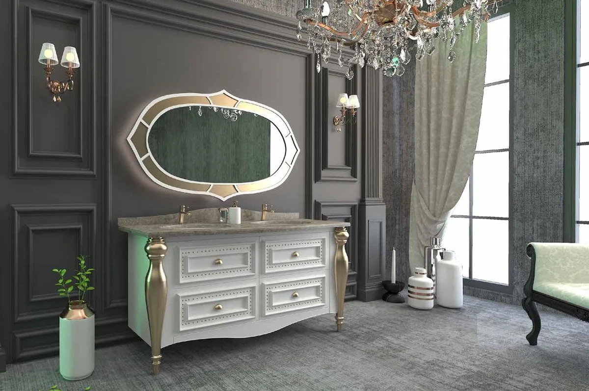 Luxury baroque bathroom set white / gray / gold - 1 vanity unit with 4 drawers and 2 sinks and 1 wall mirror - Magnificent bathroom furniture