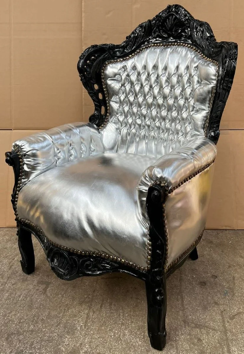 Baroque Armchair Silver / Black - Handmade Solid Wood Living Room Armchair with Faux Leather - Antique Style Living Room Armchair - Baroque Living Room Furniture