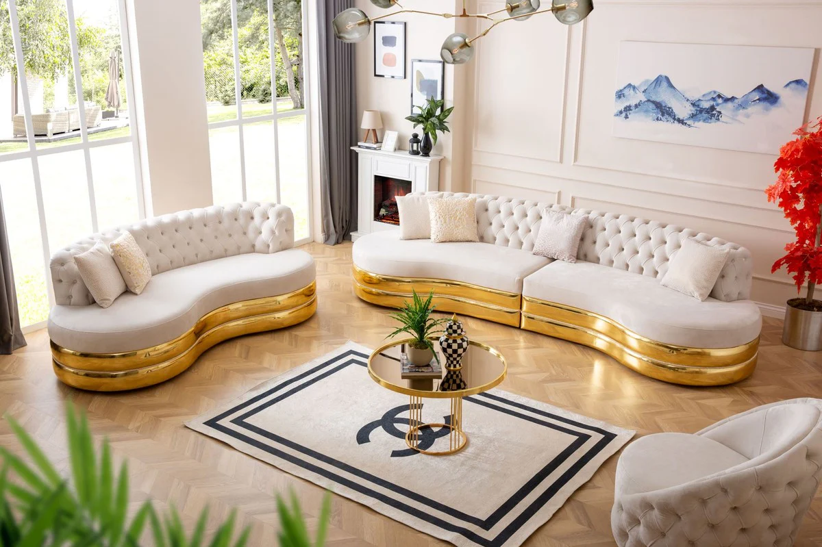 Luxury Chesterfield 3-seater sofa cream / gold 230 x 105 x H. 82 cm - Curved Chesterfield living room sofa - Living room furniture - Chesterfield furniture - Luxury furniture - Luxury furnishings