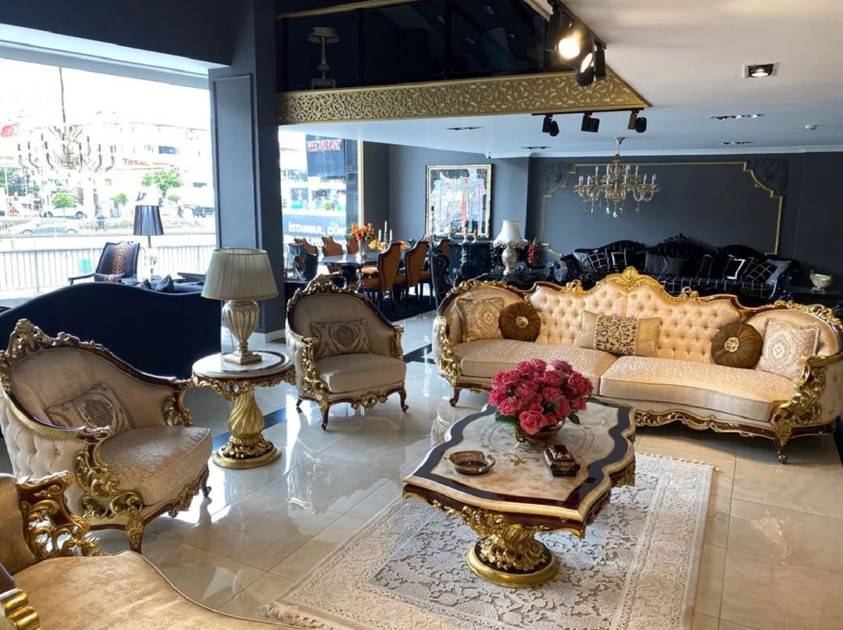 Luxury Baroque Coffee Table White / Brown / Gold - Handcrafted Solid Wood Table in Baroque Style - Baroque Living Room Furniture - Noble & Magnificent