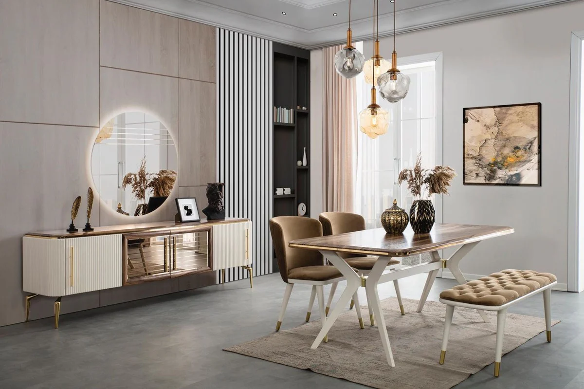 Luxury Art Deco Dining Room Set Brown / White / Gold - 1 Dining Room Table & 4 Dining Chairs & 1 Bench - Art Deco Dining Room Furniture