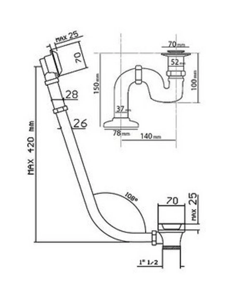 Drain and overflow system including siphon for nostalgic bathtub Sicilia, Toscane, San Sebastian, Roma - old gold