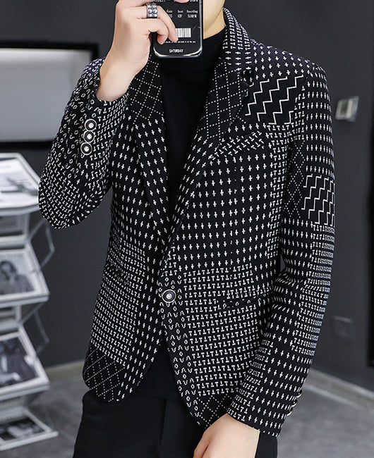 Casual Black Random Graphic Print Spliced Lapel Collar Thick Blazer