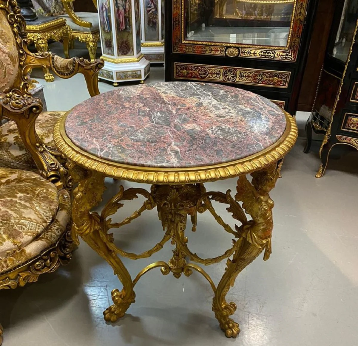 Luxury baroque side table gold / gray / red - magnificent round bronze table with marble top - luxury furniture in baroque style - baroque style living room furniture - baroque furniture