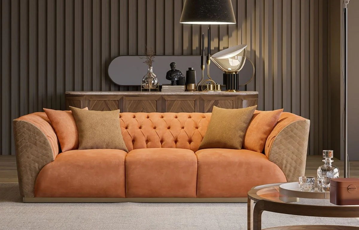Luxury Chesterfield sofa orange / brown / brass 250 x 98 x H. 73 cm - living room sofa - hotel sofa - living room furniture - Chesterfield furniture - luxury furniture - luxury furnishings
