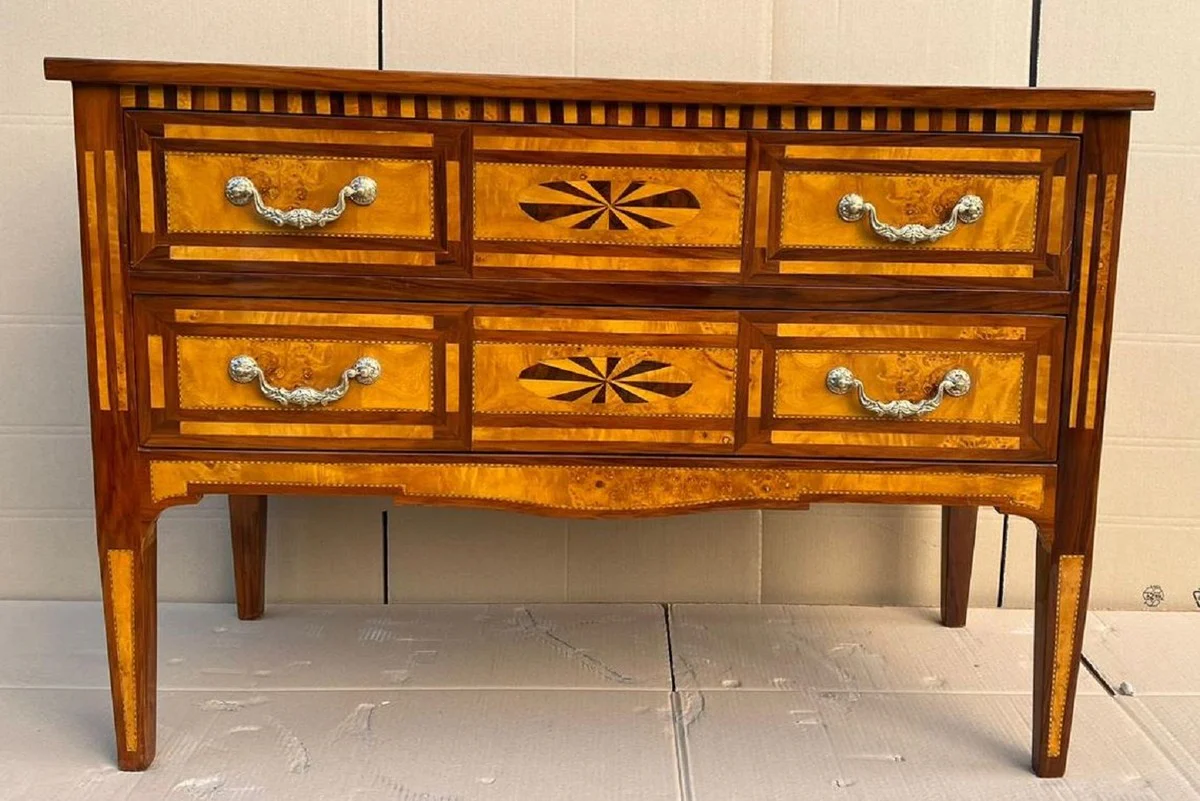 Biedermeier chest of drawers with 2 drawers brown / natural color / silver - Handcrafted solid wood chest of drawers - Biedermeier bedroom furniture