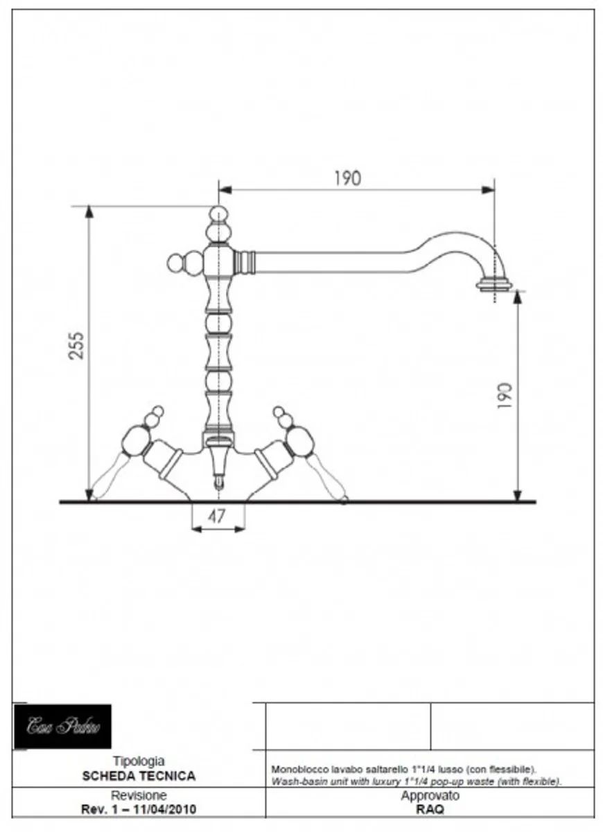 Luxury bathroom accessories - Art Nouveau retro washbasin tap single hole mixer old gold / bronze series Milano - Made in Italy