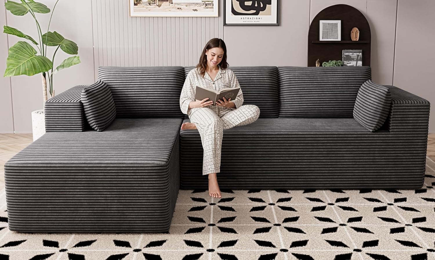 Cloud Sectional Boneless Couches for Living Room, Modular L Shaped Couch with Deep Seat Oversized Right Facing Chaise, Memory Foam Compressed Spineless 3 Seater Sofa for Apartment, Black | No Assembly Required, Deep Seat, Cat-Claw Resistant, High-Res