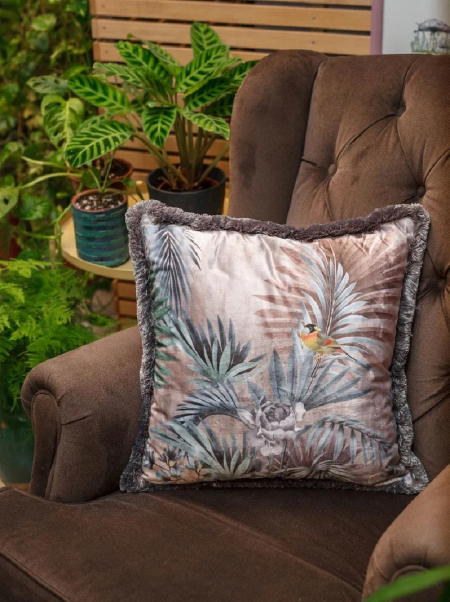 Luxury decorative cushion plants & birds multicolored 45 x 45 cm - printed velvet cushion with fringes - luxury collection