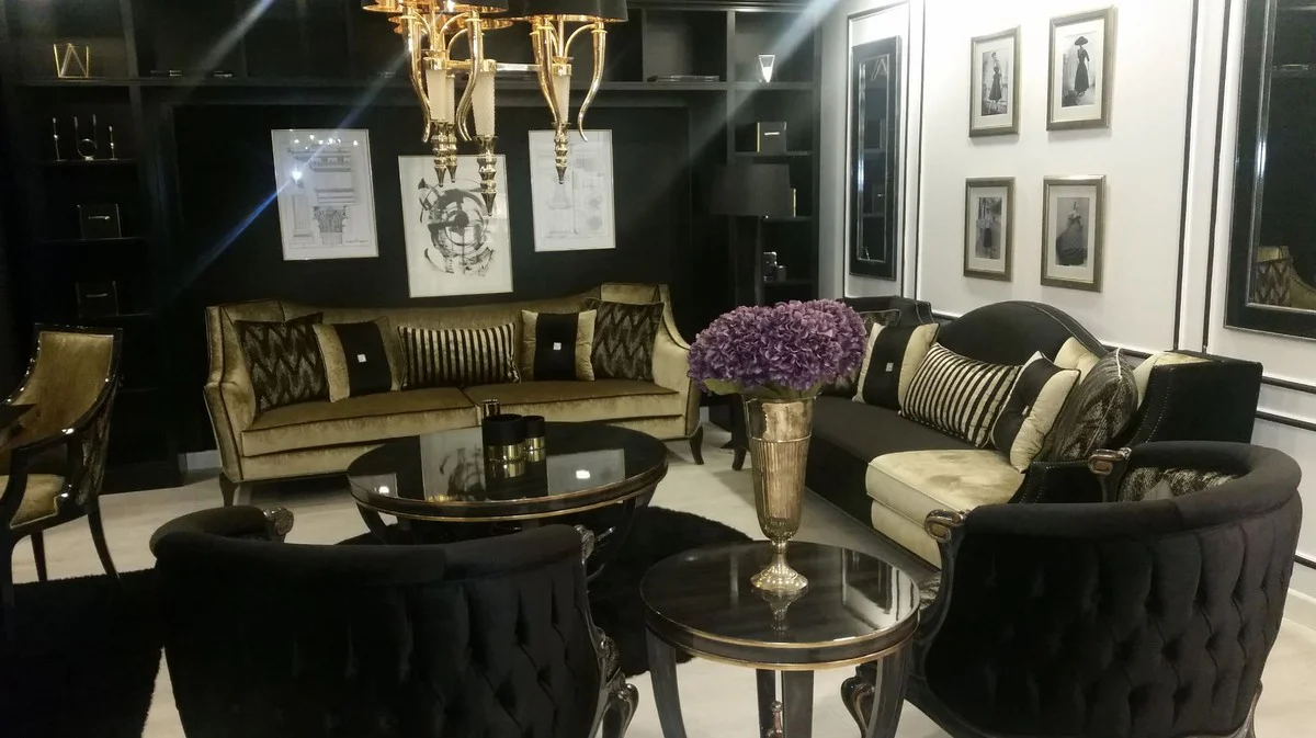 Luxury Baroque Side Table Black / Gold - Handmade Solid Wood Table - Baroque Living Room Furniture