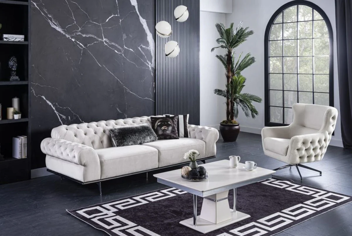 Luxury Art Deco coffee table white / gray / silver 102 x 70 x H. 47 cm - Rectangular living room table - Luxury living room furniture