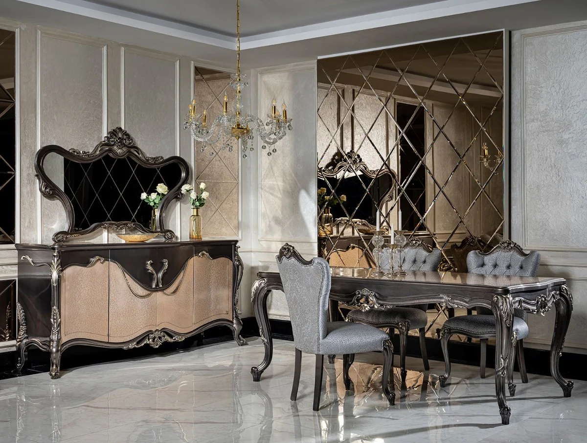 Luxury baroque dining room set light blue / dark gray - 1 dining table & 6 dining chairs - noble dining room furniture in baroque style