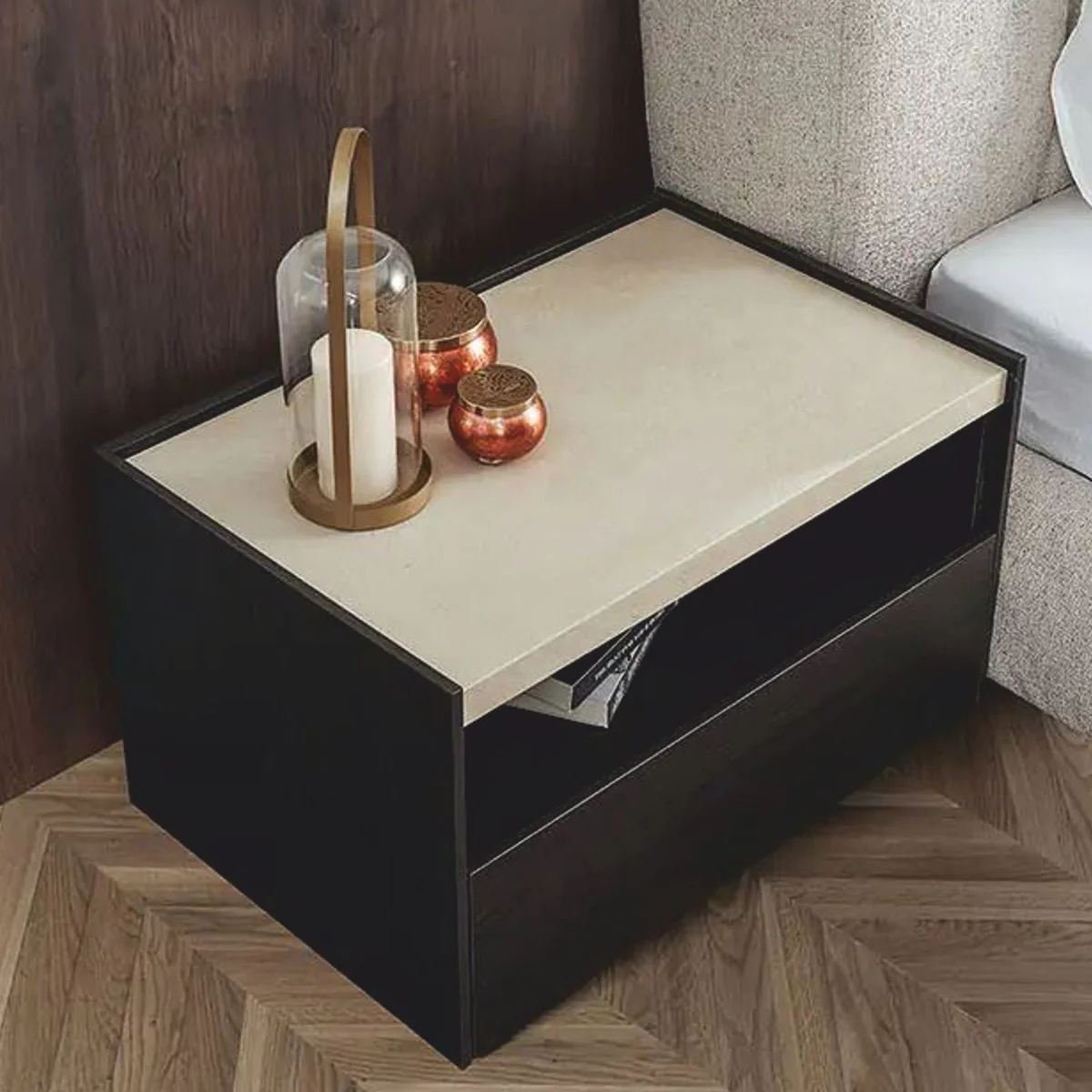 Luxury Bedside Table Dark Brown / Cream / Brass - Bedroom & Hotel Furniture