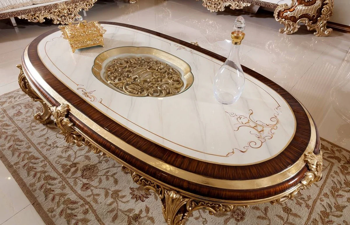 Luxury baroque coffee table white / brown / gold - magnificent living room table with glass top - baroque living room furniture - noble & magnificent