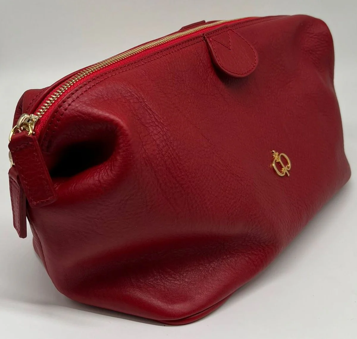 Luxury genuine leather cosmetic bag red / gold 28 cm - Made in Italy