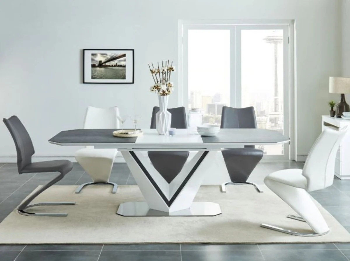 Designer dining table white / gray / silver 160-220 x 90 x H. 76 cm - Extendable dining room table with ceramic plates - Dining room furniture