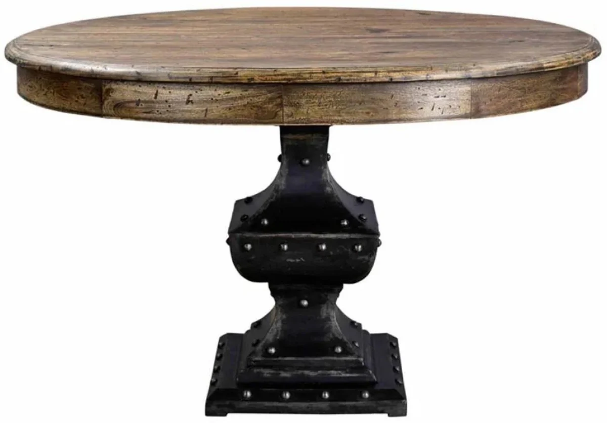 Country house style dining table brown / black Ø 123 x H. 78 cm - Round solid wood kitchen table - Dining room furniture - Solid wood furniture - Country house style furniture - Country house style furnishings