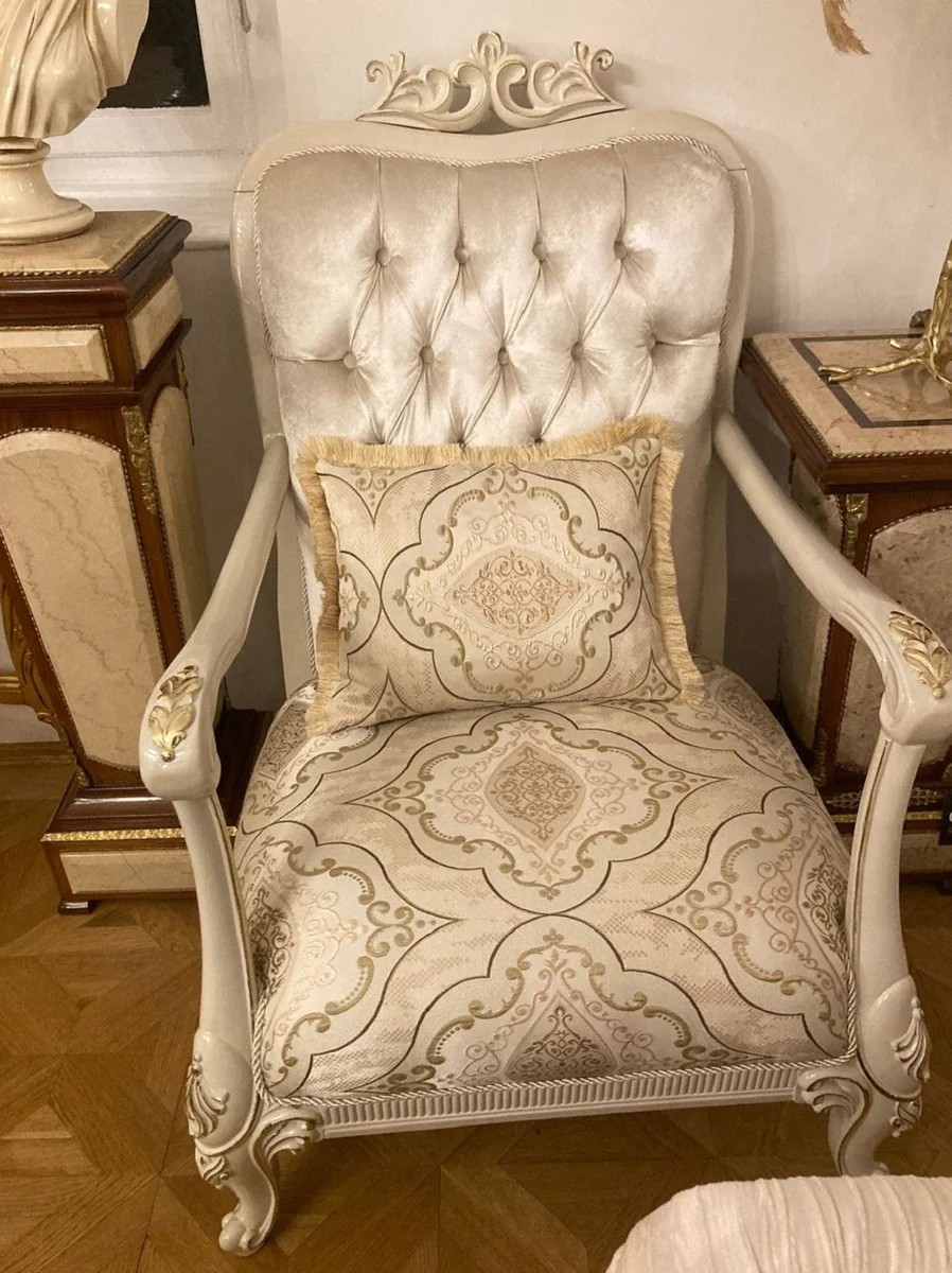 Luxury baroque armchair silver / multicolored / cream / gold - magnificent living room armchair with elegant pattern - luxury living room furniture in baroque style - baroque furniture - noble & magnificent