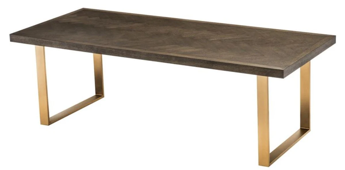 Luxury stainless steel dining table with oak veneer table top dark brown / brass 230 x 100 x H. 75.5 cm - luxury quality
