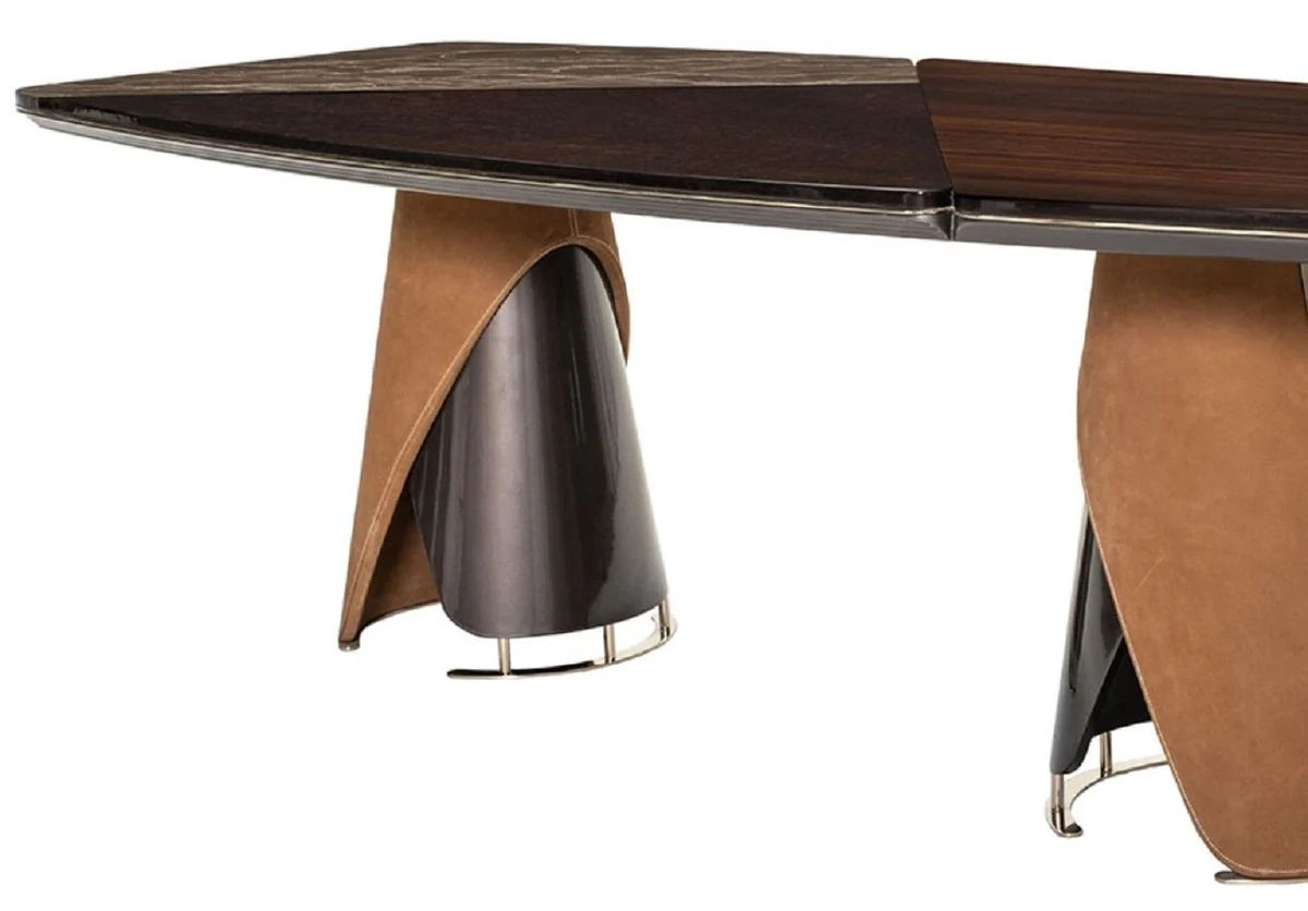 Luxury dining table dark brown / gray / light brown / gold 240 x 113 x H. 79.5 cm - solid wood dining room table with table top in marble look - dining room furniture - luxury furniture