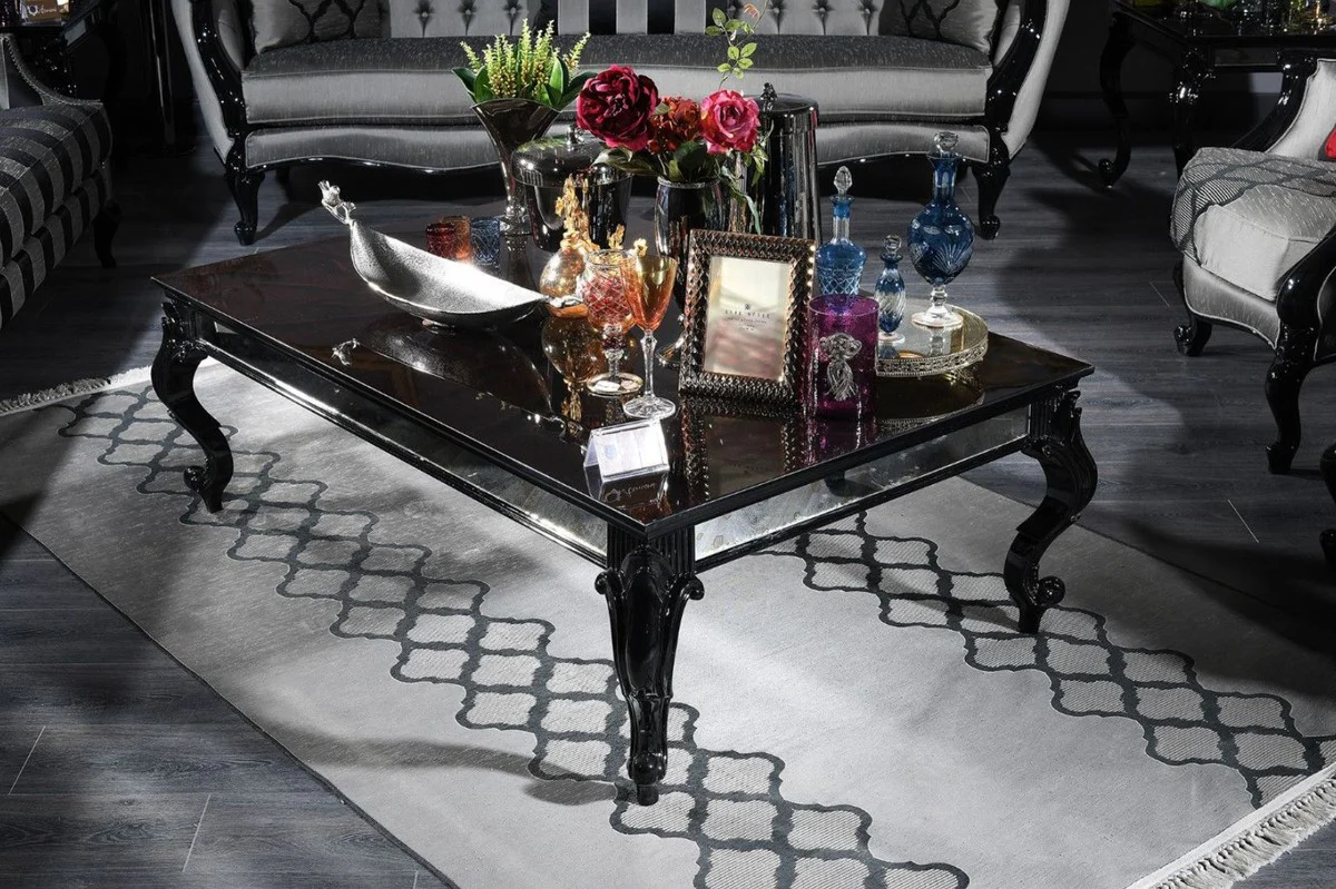 Luxury baroque coffee table black / brown 140 x 90 x H. 46 cm - Elegant solid wood living room table with glass top and mirror glass - Luxury quality - Made in Italy