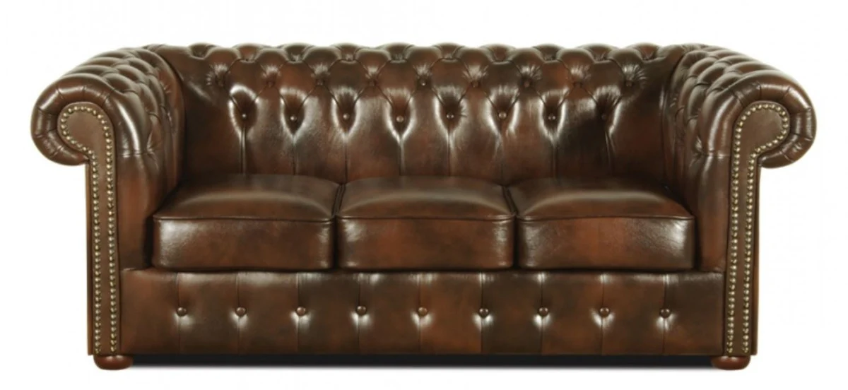 Chesterfield Living Room Set of 3 Dark Brown - Luxury Genuine Leather Furniture