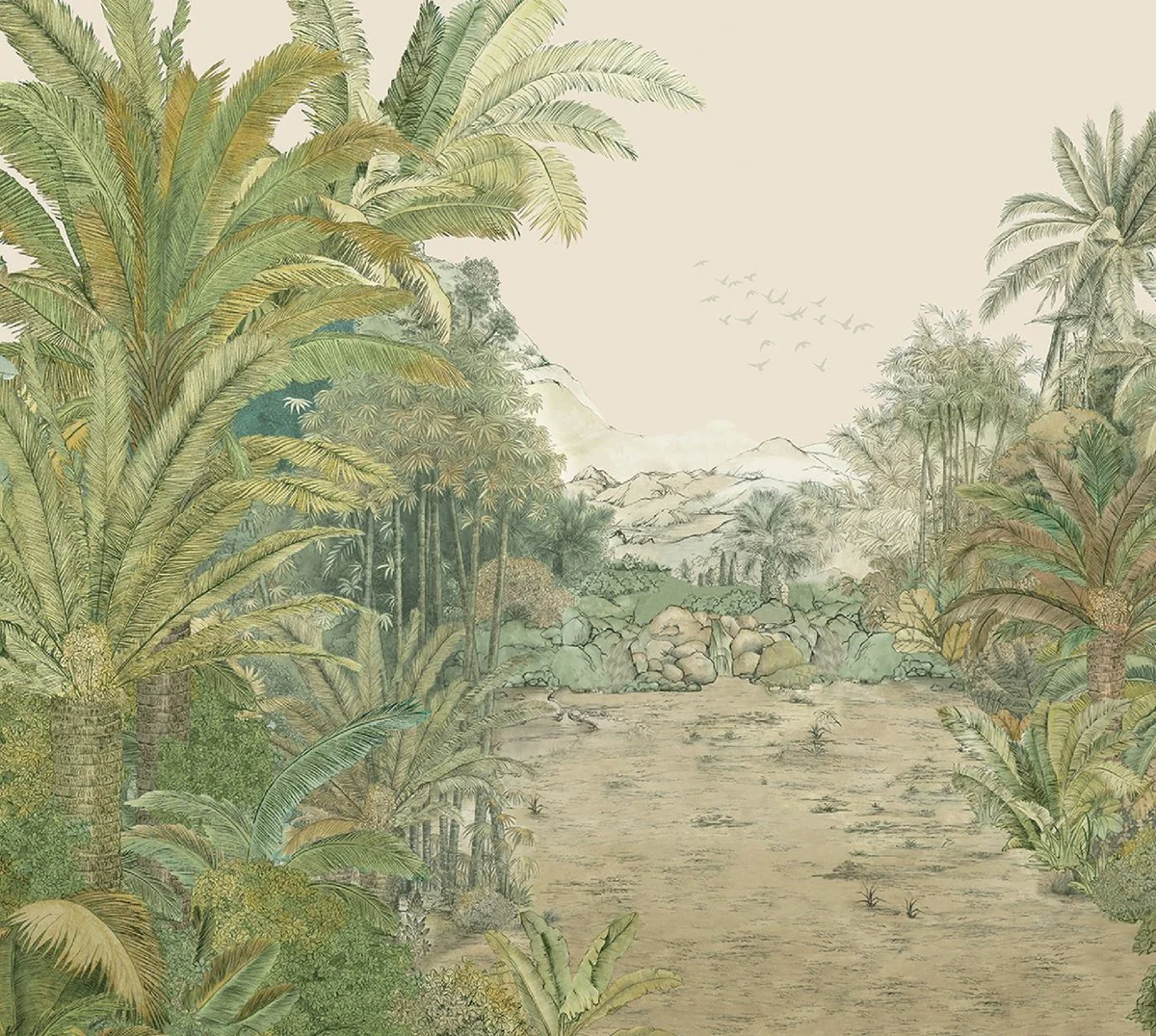 Luxury curtain set palm trees landscape cream / green 250 x H. 290 cm - Printed linen & velvet curtains - Eyelet curtains - Sliding curtains - Luxury decorative accessories