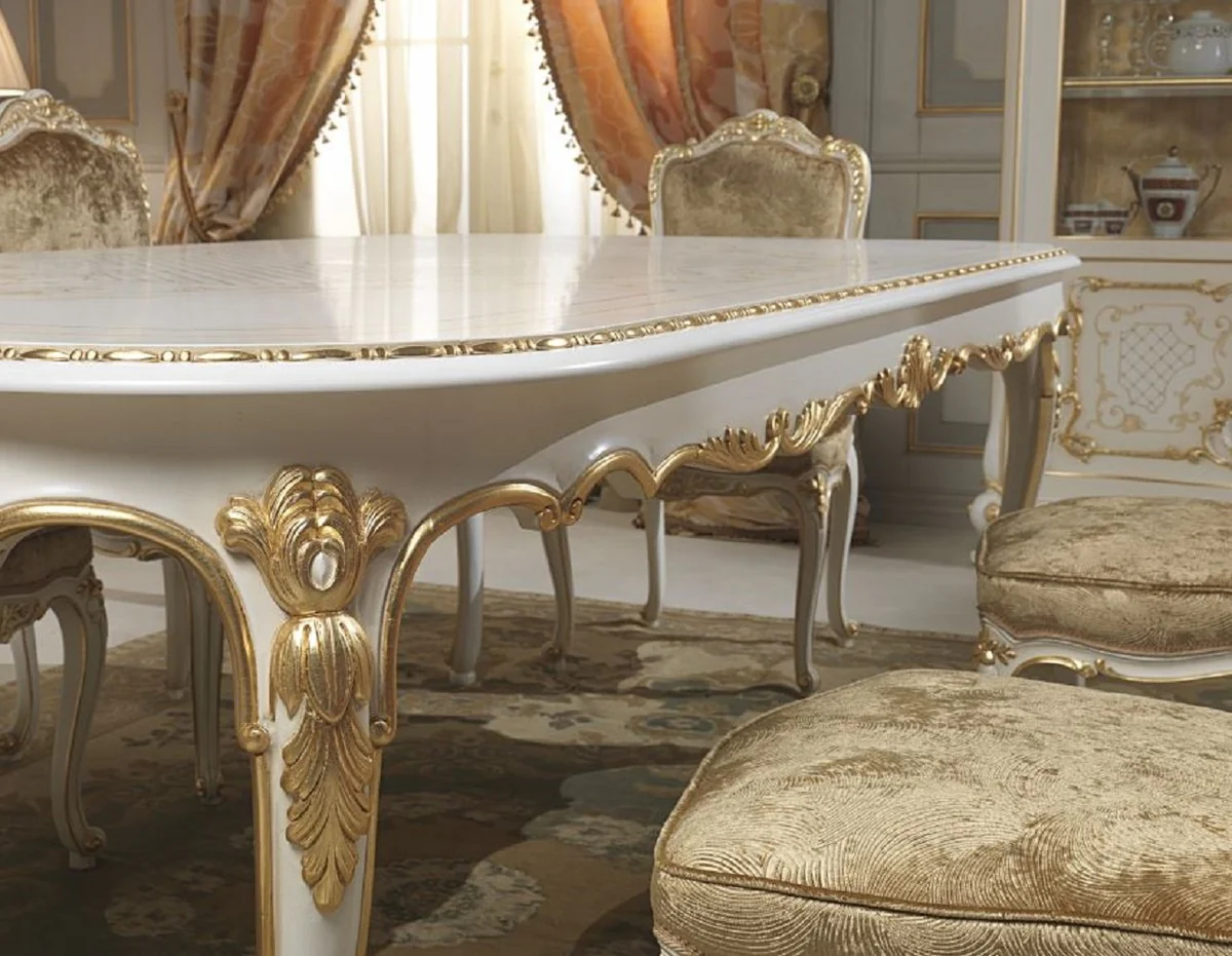 Luxury Baroque Dining Room Set White / Gold - 1 Dining Table & 6 Dining Chairs - Dining Room Furniture in Baroque Style - Hotel Restaurant Castle Furniture - Luxury Quality - Made in Italy