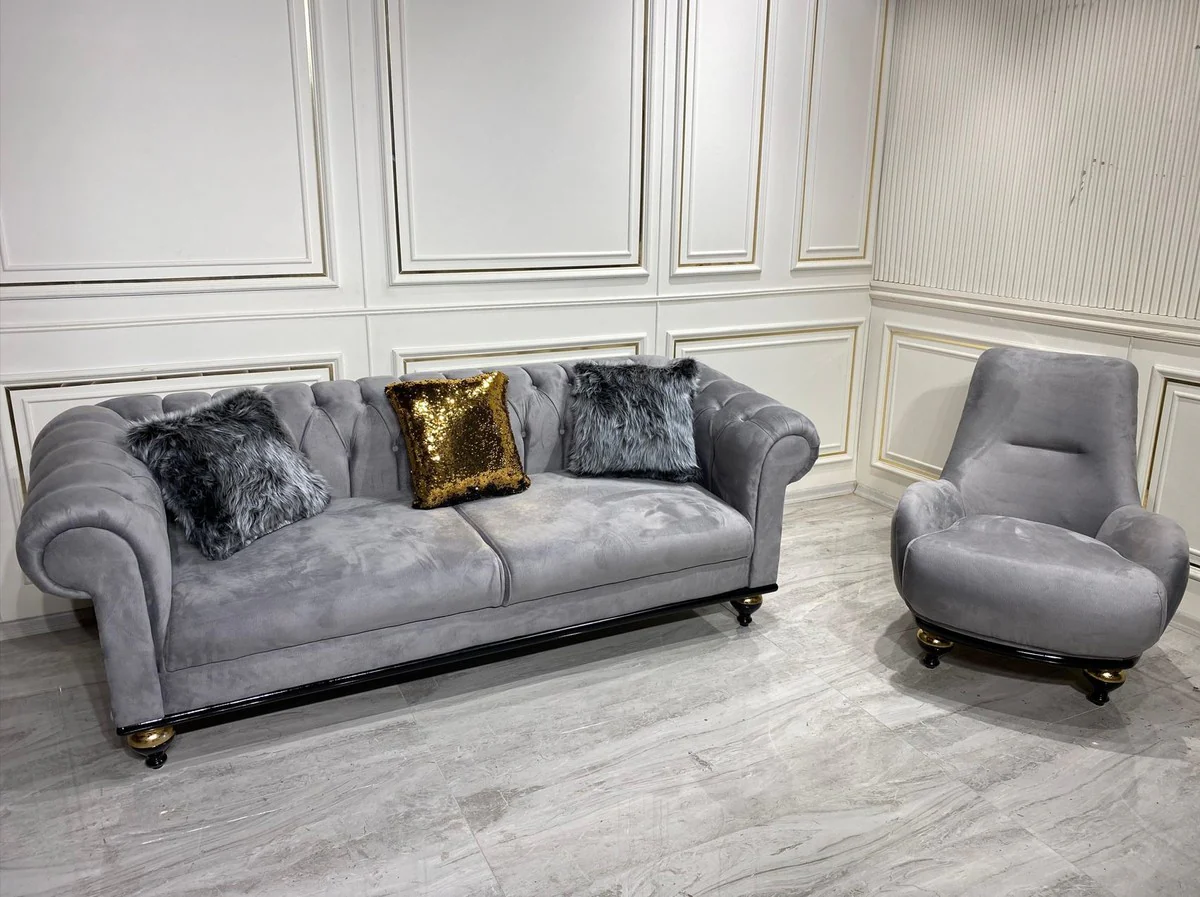 Luxury Baroque Living Room Furniture Set Light Gray - 1 Sofa & 2 Armchairs