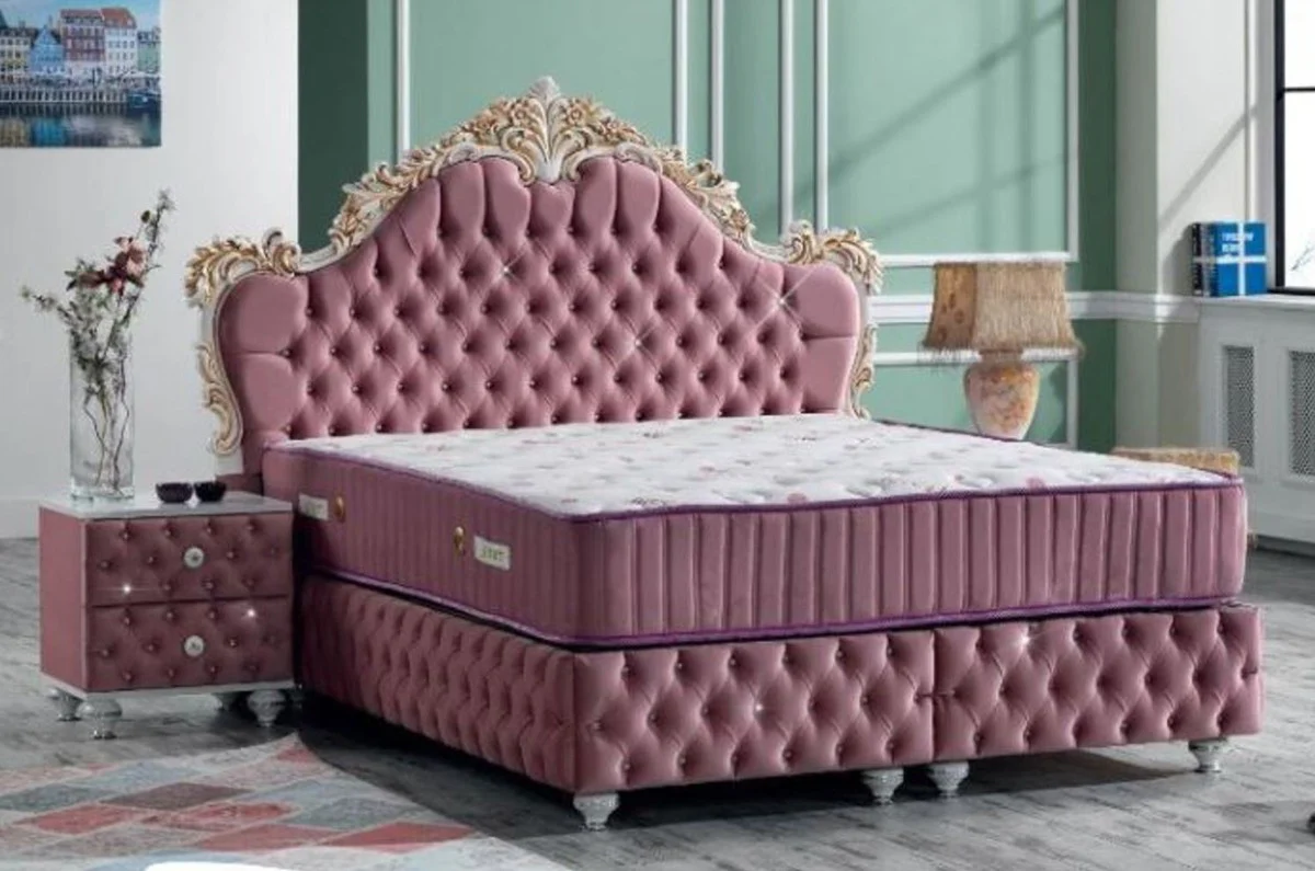 Baroque bedside table with rhinestones and 2 drawers pink / white / silver 50 x 50 x H. 50 cm - Side table in baroque style - Baroque bedroom furniture