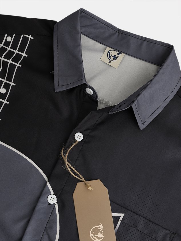 Mens Music Guitar Print Front Buttons Lapel Chest Pocket Loose Casual Hawaiian Shirt