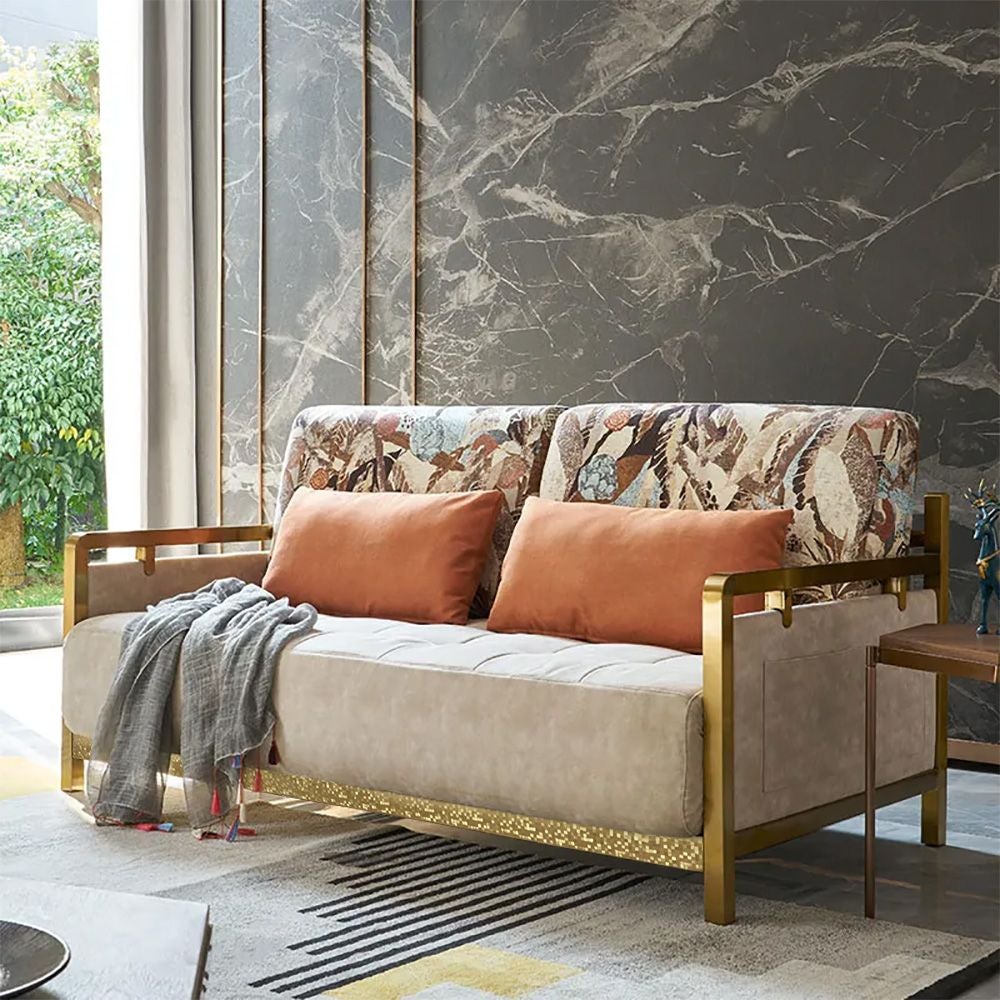 Modern Queen Convertible Sleeper Sofa Gold Metal Beige Upholstered Sofa Bed Cushions