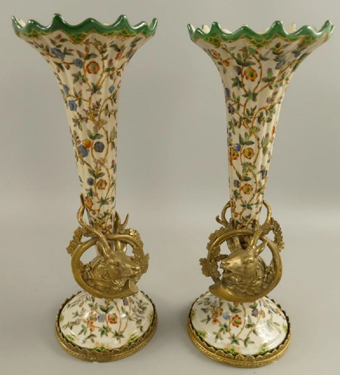 Art Nouveau porcelain vases set cream / multicolored / brass Ø 12 x H. 34 cm - Baroque & Art Nouveau decorative accessories
