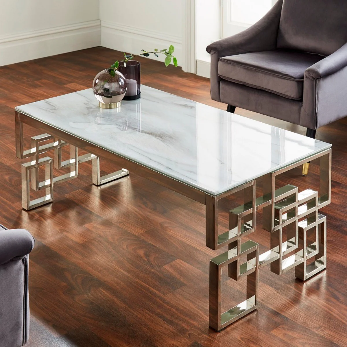 Luxury coffee table silver / white 120 x 60 x H. 45 cm - Rectangular living room table with stainless steel legs and marble glass table top - Luxury living room furniture
