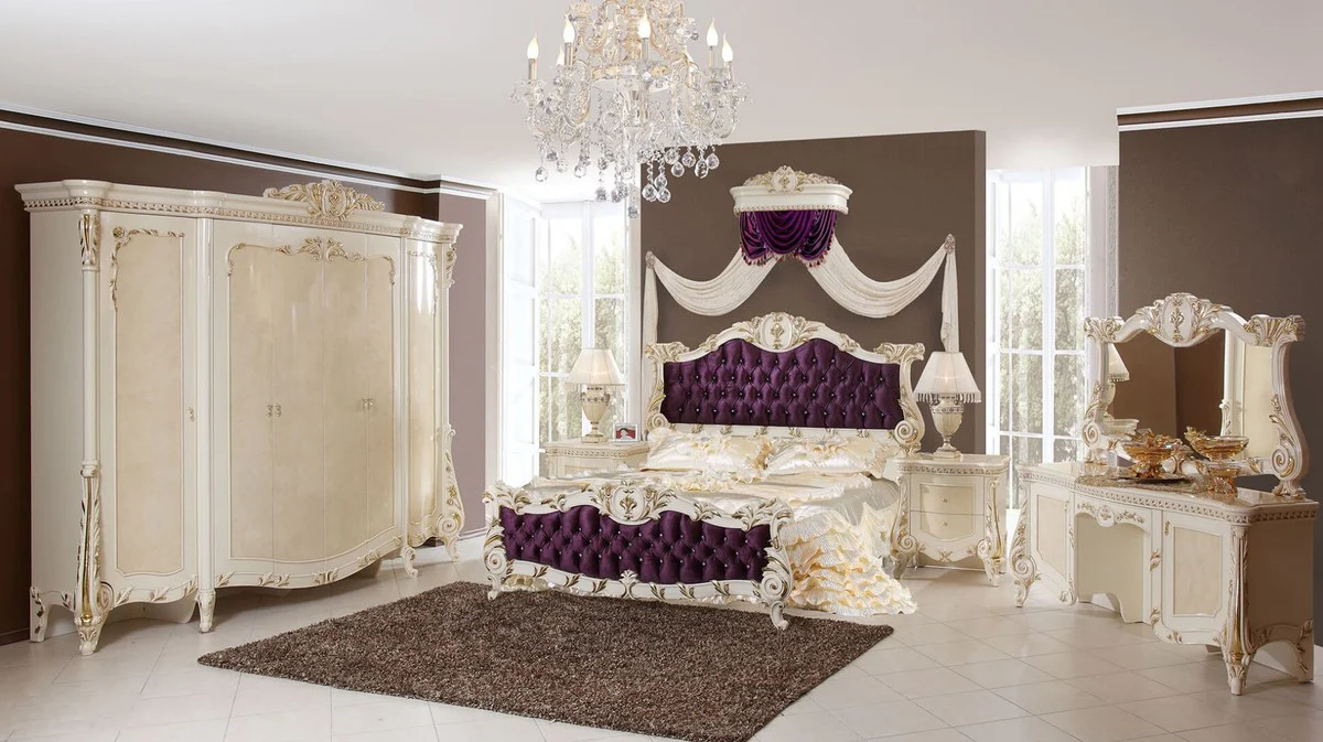 Luxury Baroque Bedroom Set Purple / White / Gold - 1 double bed with headboard & 2 nightstands - Baroque Bedroom Furniture - Luxury Furniture in Baroque Style - Noble & Magnificent